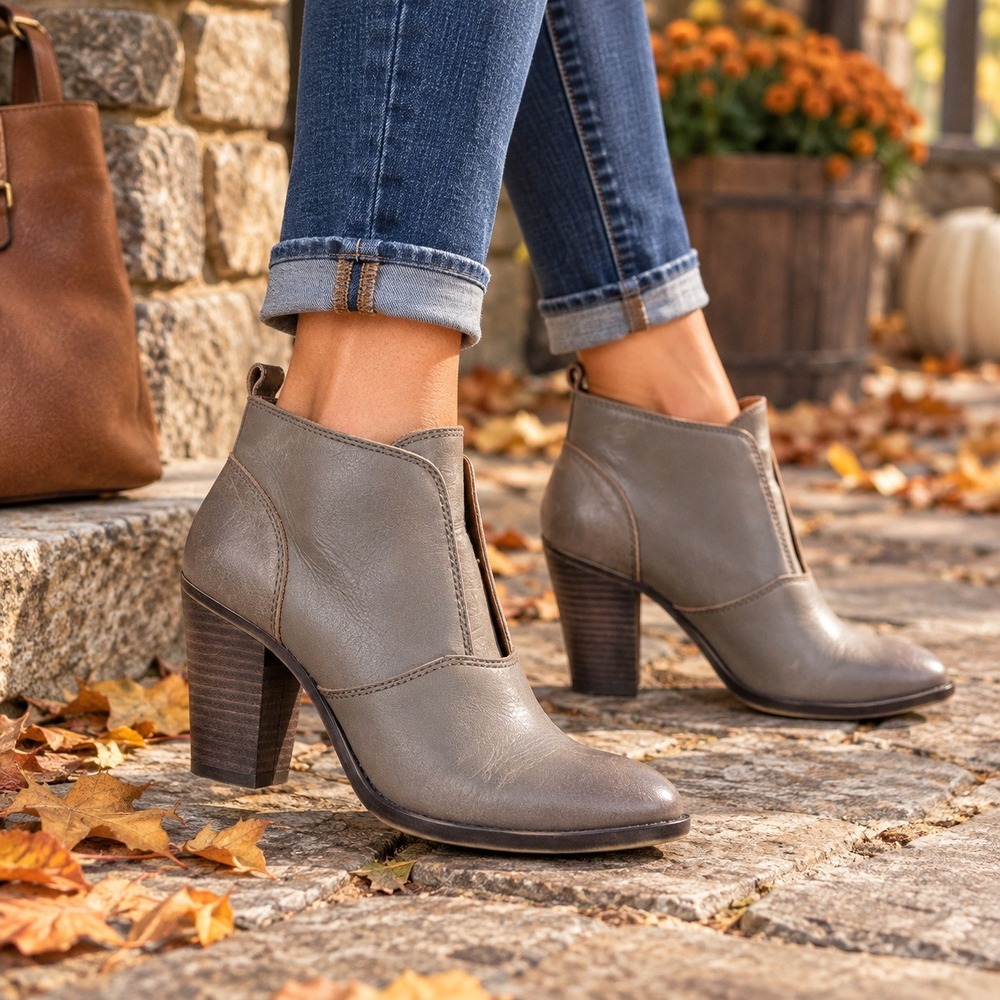 Lucky Brand Leather Ankle Boots Cutout Western Block Heel Taupe Women's 8.5M
